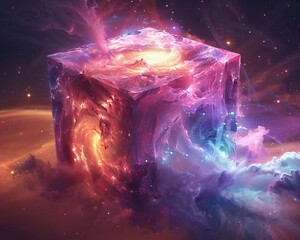 Cube encapsulating a nebula, gas swirls and star speckles, mystical, deep space background - obrazy, fototapety, plakaty