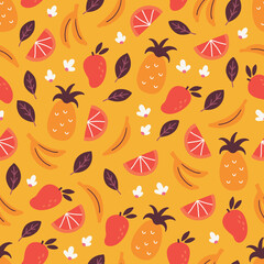 Summer seamless pattern with flowers, pineapples, banana, leaves, orange, mango