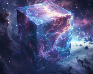 Cube encapsulating a nebula, gas swirls and star speckles, mystical, deep space background - obrazy, fototapety, plakaty