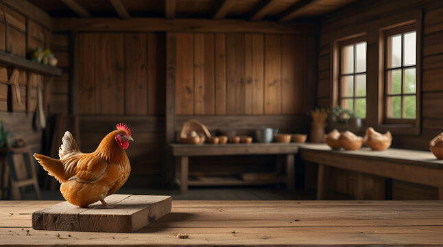 Empty rustic old wooden boards table copy space with free range chicken farm in background. Product display template.generative.ai