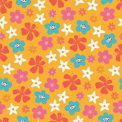 Summer seamless pattern with tropical flowers on yellow background