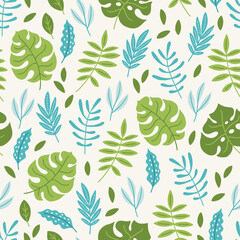 Summer seamless pattern with monstera and palm leaves. Vector illustration