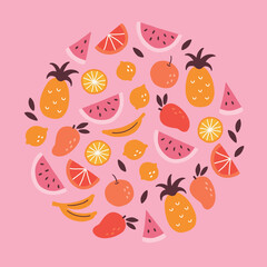 Summer greeting card with watermelon, pineapple, orange, banana, mango, lemon