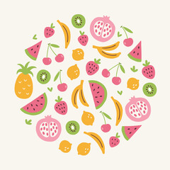 Summer greeting card with pineapple, watermelon, cherry, kiwi, pomegranate, banana