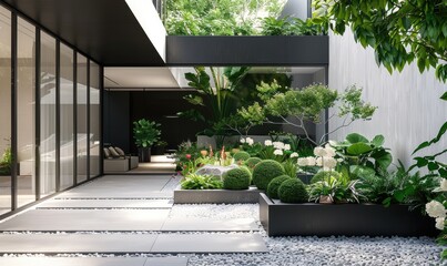 Fototapeta na wymiar Modern building entrance with lush green plants and flowers