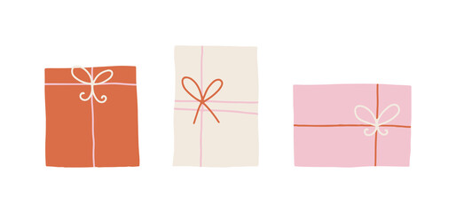 Cute set of hand drawn vector gift boxes isolated on white background. Lovely colored present for Valentines day, festive design, romantic holidays. Charming groovy cartoon elements in flat style
