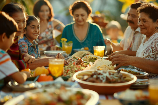 Cinco de Mayo concept - traditional Mexican family dinner with different generations sharing meal