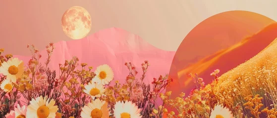 Foto op Canvas A vibrant retro psychedelic fancy landscape with fields, daisies, sun, and patchwork flowers from the 1960s. This is a modern illustration of a hippie flower power banner in the 1960s vintage style. © Mark