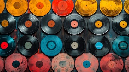 Fototapeta premium Vinyl Records: Capture vintage vinyl records and record players, emphasizing retro and nostalgic vibes 