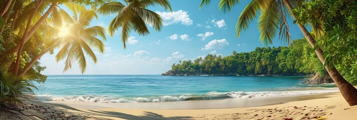 A painting of a sandy tropical beach with a row of lush palm trees under a clear blue sky