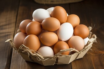 White and brown chicken eggs in paper box on the table