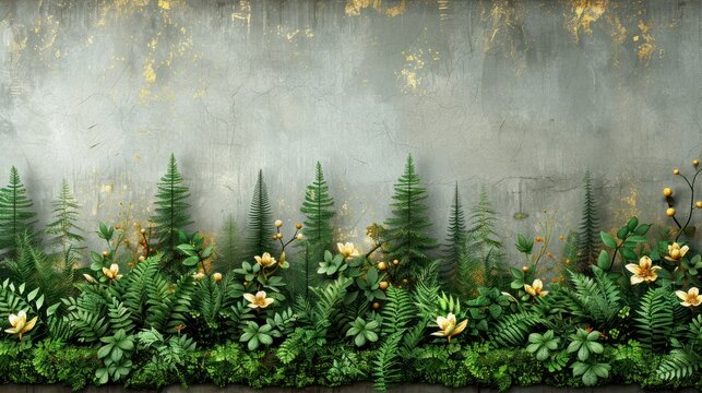 A painting of lush green plants and vibrant flowers growing in front of a wall
