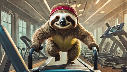 Cute sloth at the gym running on the treadmill.