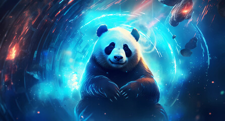 A panda in the style of vibrant neon blue and black colors