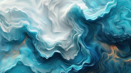 Abstract painting featuring vibrant blue and white waves in dynamic movement - obrazy, fototapety, plakaty