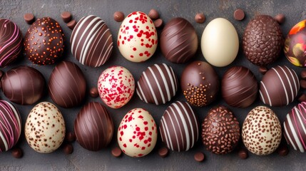 A group of chocolate covered eggs are arranged in a row, AI