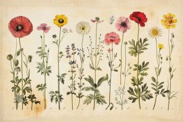 A collection of various wildflowers, beautifully illustrated in an antique botanical style on a vintage paper background.
