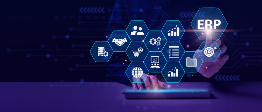 ERP, Enterprise resource planning system software business technology concept. Businessman touch word ERP on virtual screen in office blur background. Document management for ERP. Modern technology .