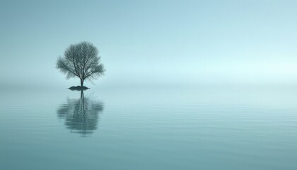 A tree surrounded by water, standing alone in its environment