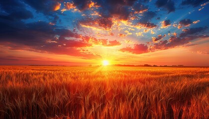 The sun sets over a vast wheat field, casting a warm glow on the ripe crops - obrazy, fototapety, plakaty