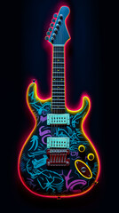 A colorful guitar is shown in a photo with smoke in the background.