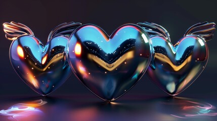 Render 3d silver hearts with galaxy planet, stars, fire flame, angel wings, melting, love text, and glossy effect. 3d modern illustration of y2k hearts.