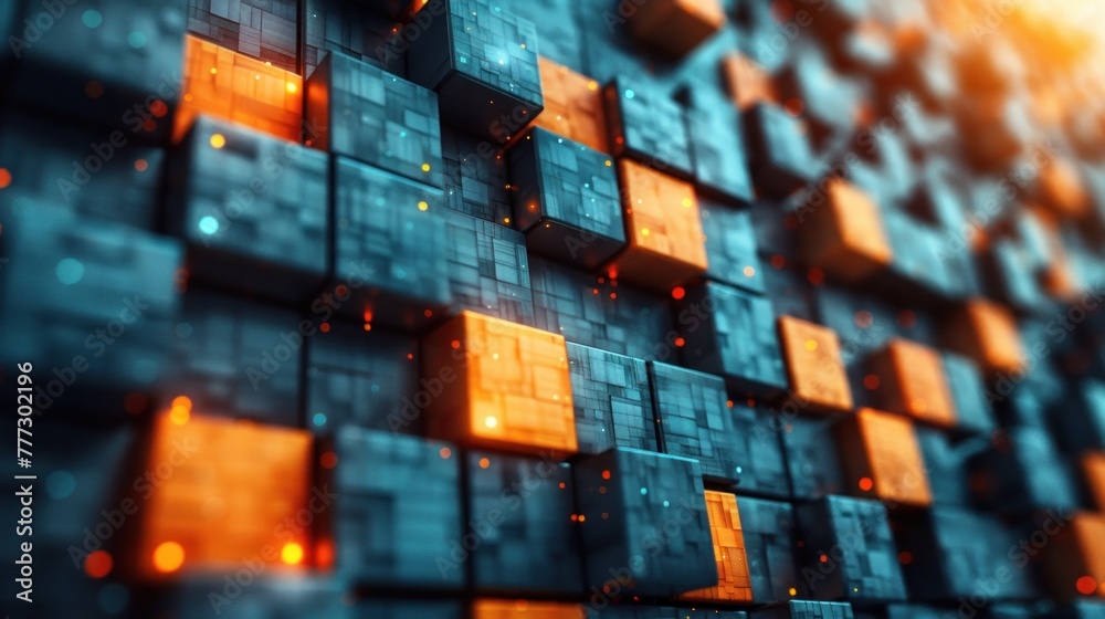 Poster multicolored cubes and glowing lights create a dynamic abstract composition