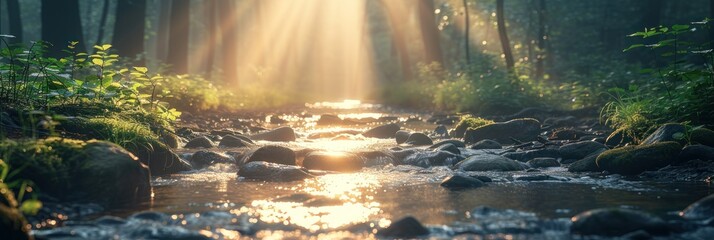 A stream meanders through a dense, vibrant forest filled with green foliage