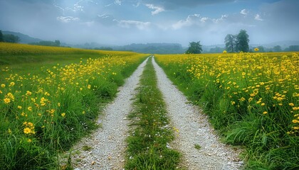 Fototapeta na wymiar Dirt road winding through vibrant yellow flowers in a field
