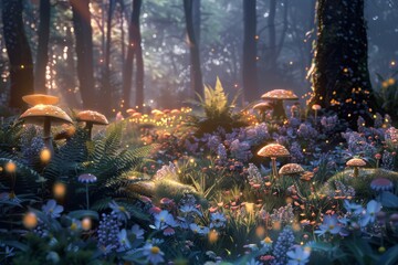 A mesmerizing digital image of a forest glade at dusk, with mushrooms that emit a soft, magical light amidst the dense foliage. - obrazy, fototapety, plakaty