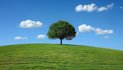 Fototapeta na wymiar A tree stands alone on a grassy hill under a clear blue sky