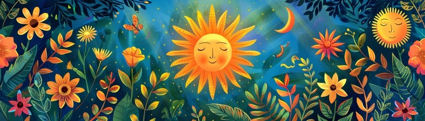 Fototapeta na wymiar Summer Solstice, Imagery celebrating the longest day of the year with sun motifs, summer background