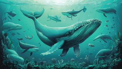 Submerged Capture: Whale and Marine Life Glide Through Ocean Depths