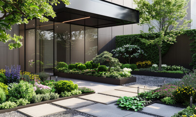 Modern building entrance with lush green plants and flowers - 777303118