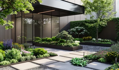 Foto op Plexiglas Modern building entrance with lush green plants and flowers © piai