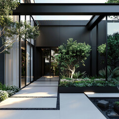 Modern building entrance with lush green plants and flowers - 777303123