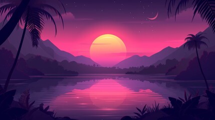 A sunset over a lake with palm trees and mountains in the background, AI - obrazy, fototapety, plakaty
