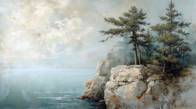 A painting of a picture that shows two trees on the side of rocks, AI