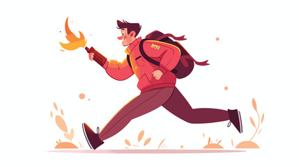 Adventure man running with gun and torch . Cartoon