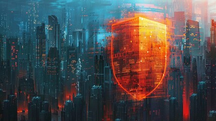 Cybersecurity depicted as a shield protecting a digital city in a digital painting - obrazy, fototapety, plakaty