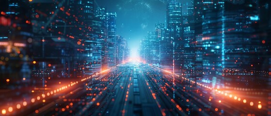 Cybersecurity as a barrier protecting a digital world in a futuristic cityscape - obrazy, fototapety, plakaty