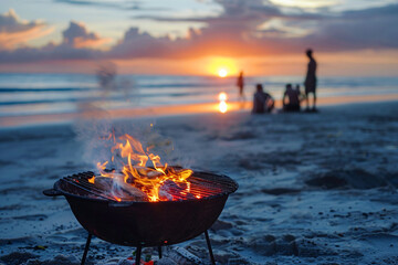 Grill with flame on the beach on sunset - obrazy, fototapety, plakaty