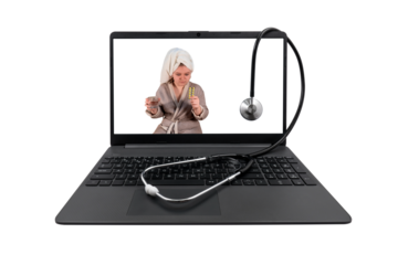 Laptop and medical stethoscope on a transparent background. On the laptop screen - a girl with cold symptoms holds a blister with pills and a glass of water