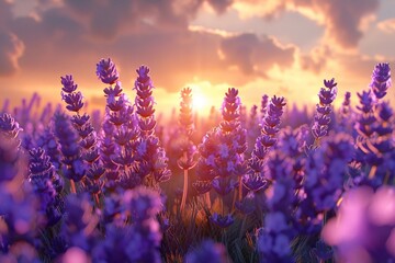 Lavender field at sunset, photorealistic blooms, vibrant purples, natural backlighting ,3DCG,high resulution - obrazy, fototapety, plakaty
