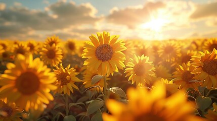 Sunflower field at high noon, photorealistic details, vibrant yellows, bright sunlight ,3DCG,clean sharp focus