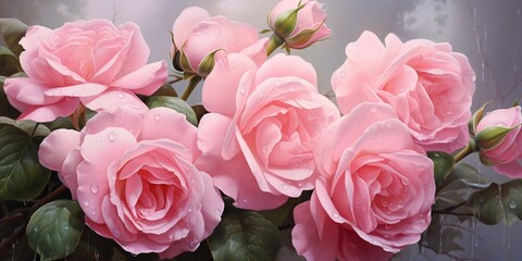 A cluster of pink roses in full bloom, symbolizing love and romance with their vibrant and fragrant blooms