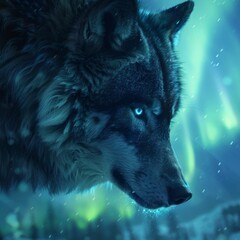 A wolf's eyes glowing with the aurora borealis, blending 3D realism and 2D fantasy