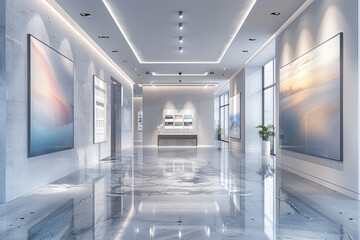 Modern minimalist hallway with large abstract paintings on the walls