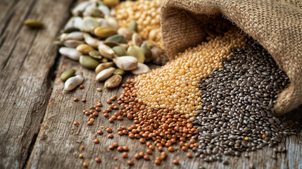 Close-up shot of various seeds and grains spilling from an open burlap sack onto a vintage wooden surface.