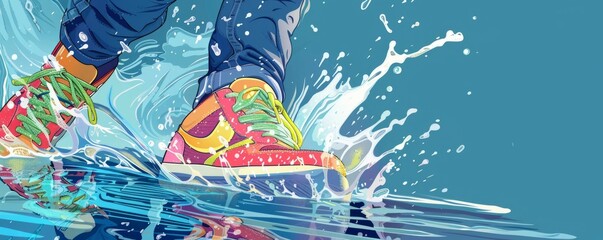 Cartoon sneakers splashing through a puddle, with dynamic water effects
